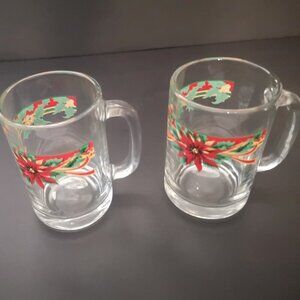 Vintage Set of 2 Christmas Clear Glass Mugs with Poinsettias & Ribbon 4 1/2"
